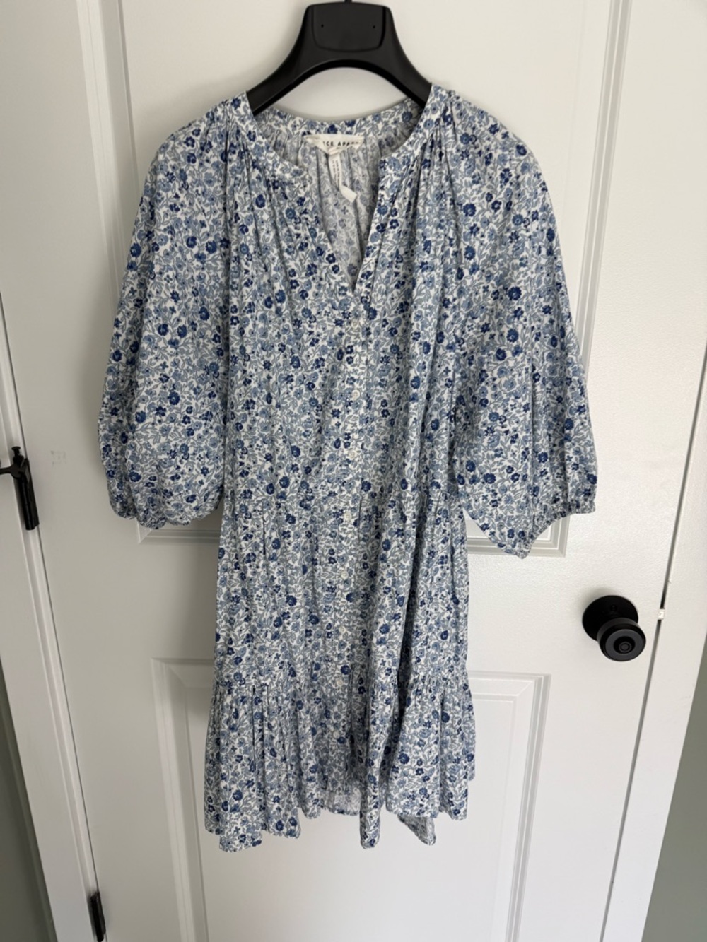 Apiece Apart Sea Printed Floral Tiered Dress in Blue and White